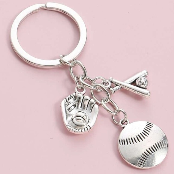 2 pcs Baseball Ball Glove Bat Charm Keychain Silver Plated Sports - Picture 3 of 6